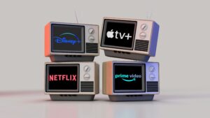 Four logos on TVs: Apple TV, Netflix, Disney+, and Prime
